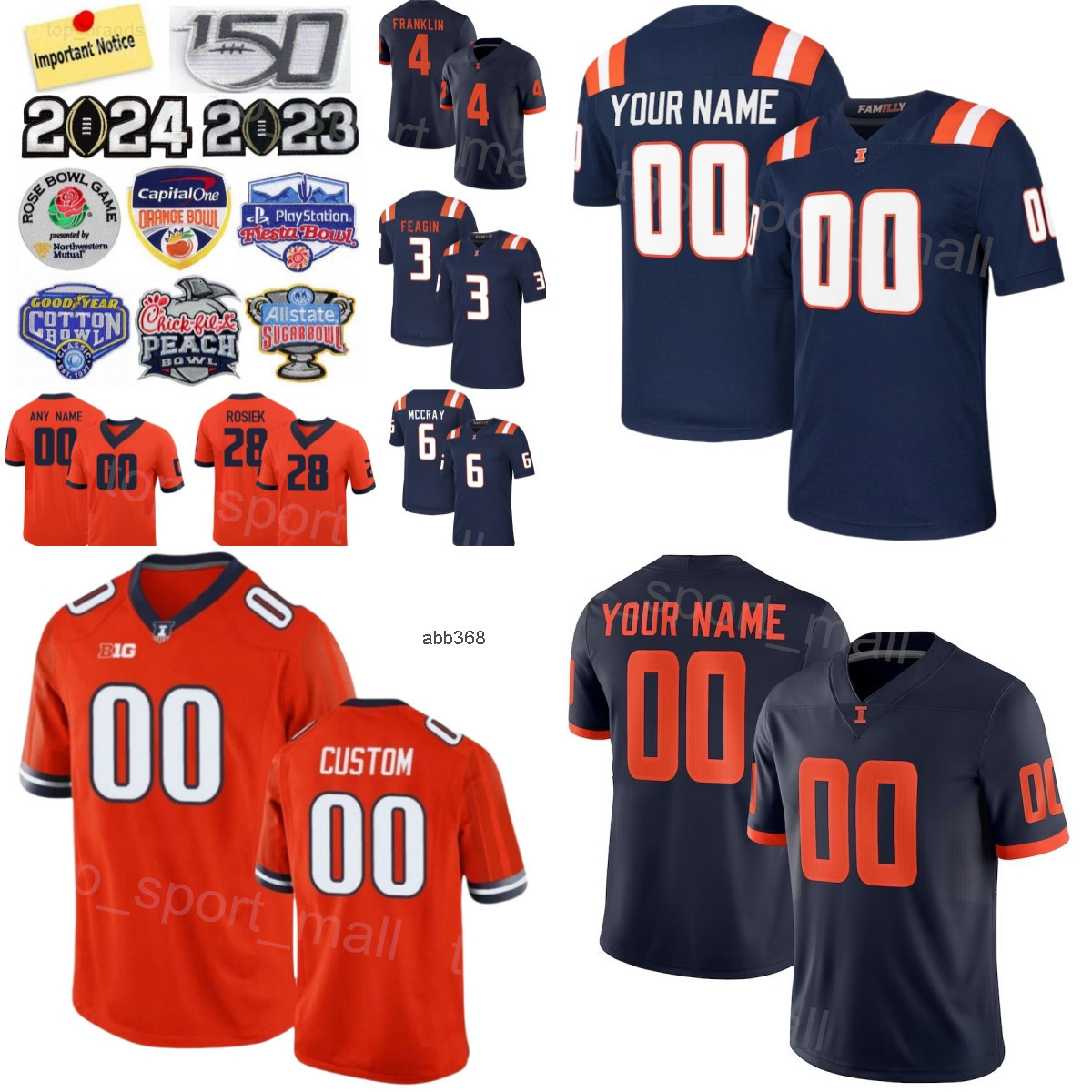 Women Men Youth College Football Illinois Fighting Illini Jerseys University 9 Luke Altmyer 3 Kaden Feagin Pat Bryant Zakhari Franklin Josh McCray Mat