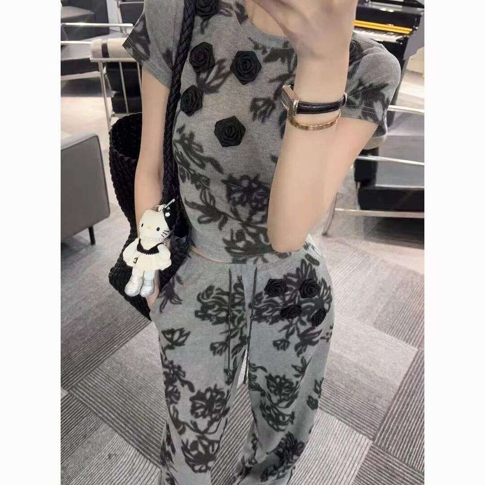 2026 Spring Summer Niche Korean Two Piece Set, 3D Floral Tie Dye Short Sleeve T-Shirt, Casual Wide Leg Pants Fashion Daily Streetwear Outfit MAKOUFEI