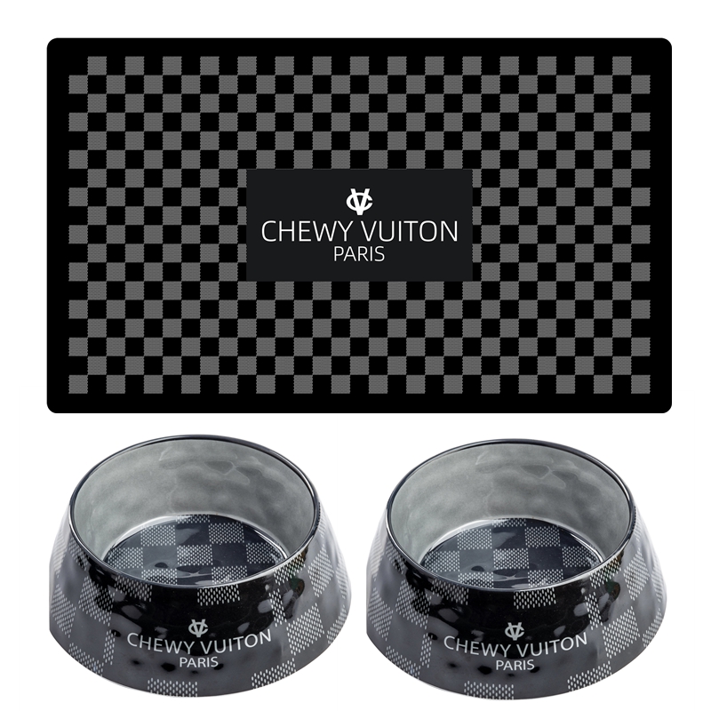 Designer Pet Bowl Luxury Chewy Vuiton Checkerboard Pet Bowl Mat set for Fur Babies Paw Babies Food Grade Melamine Dog Cat Bowl with Non Slip Base J36