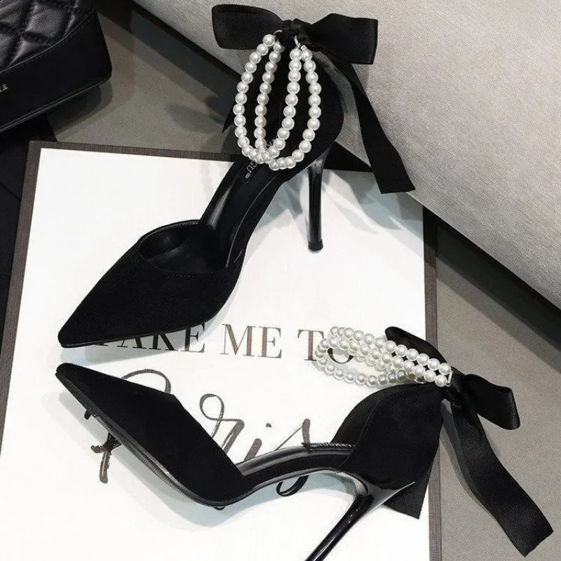 Black Womens Pumps Summer String Bead Pearls Wedding Bridal High Heels Sexy Pointed Toe Party Dance Shoes 260625 - view 4