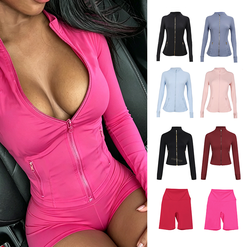 Women Yoga Tracksuit Gold Zip Jacket Crop Top Leggings Shorts Set Gym Workout Activewear Women jackets luluism lemonic Jakets Set