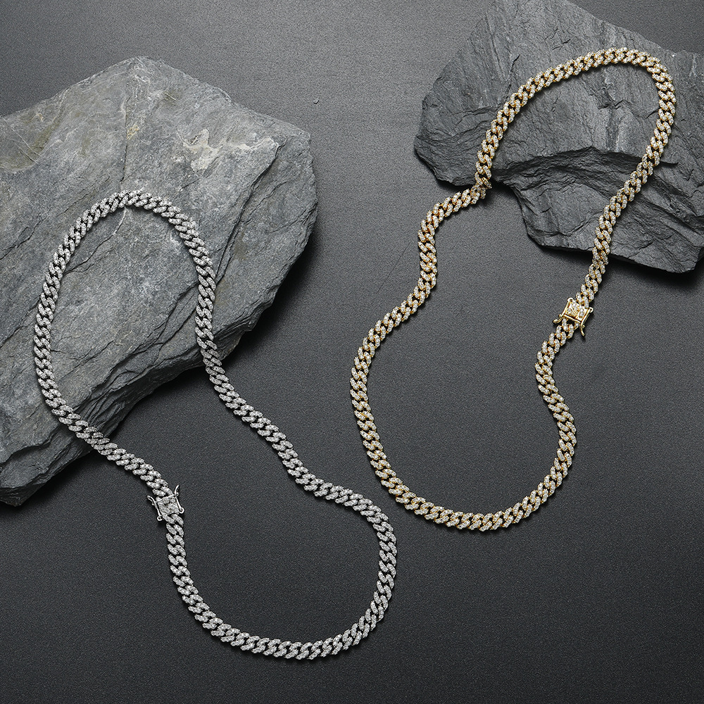 6mm Three Zircon Womens Thin Cuban Necklace Hip Hop Personality Gift Copper Inlaid Zircon Hip Hop Necklace
