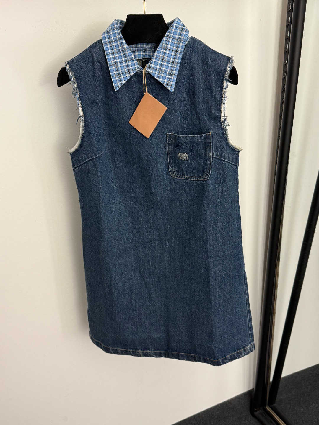 Luxury designer dress clothes women Denim sleeveless Logo lettering pocket Summer Dresses Checkered lapel Loose Partydress