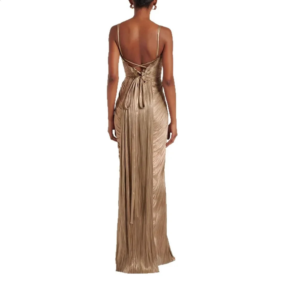 Women Pleated Gold Foil Tie Dress Casual Party Slit Evening Gown Long Elegant Temperament Formal Dress 260424