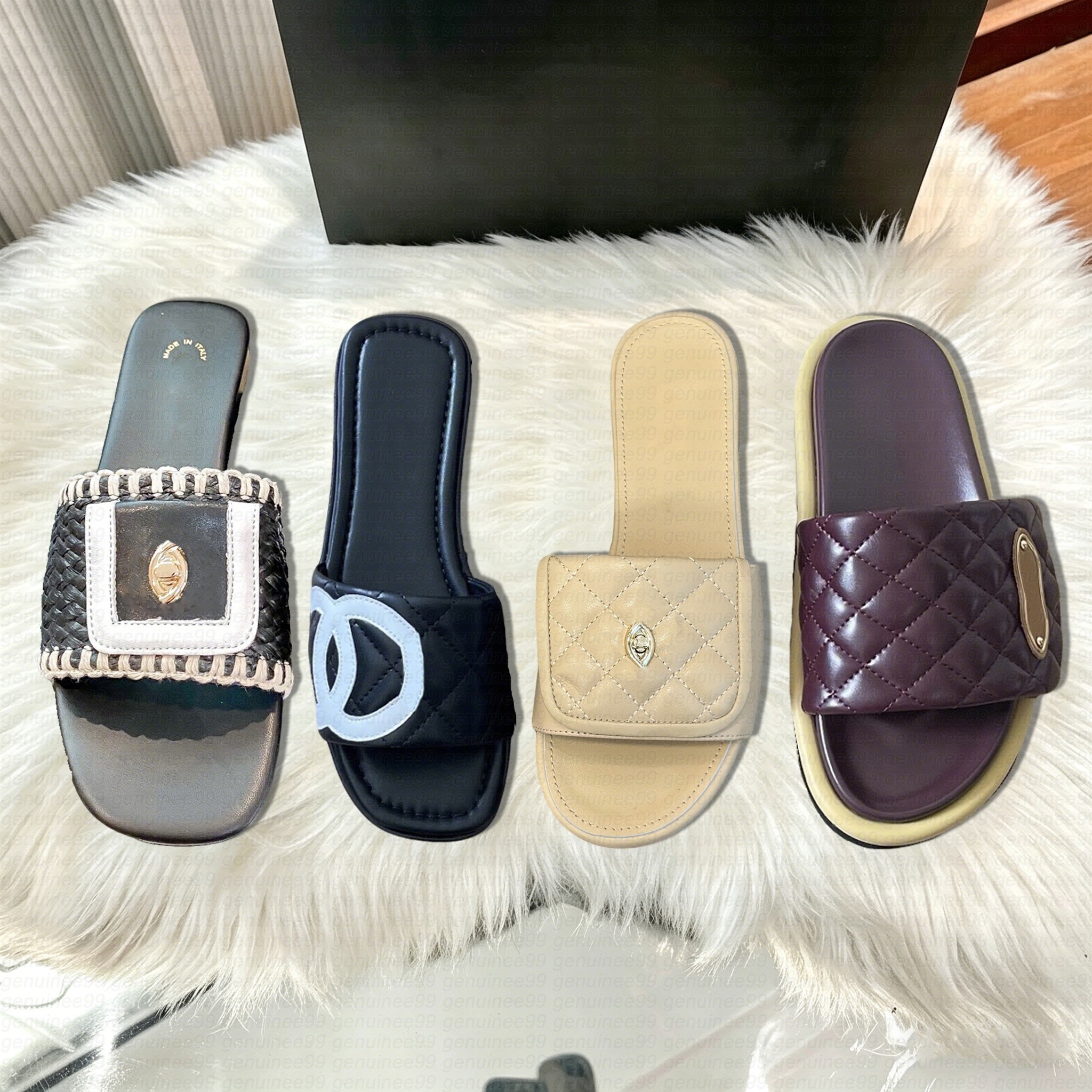 Luxury Quilted Leather Slide Sandals Womens Open Toe Flat Casual Slippers Black White Beige Comfortable Footwear Summer Beach Walking Shoes EUR 35-42