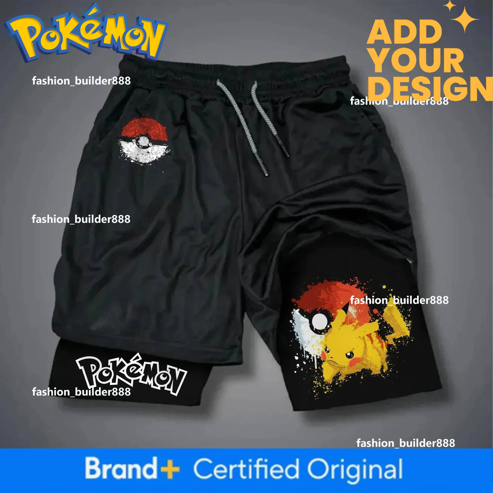 Pokemon Anime Black Double-Layer Sports Shorts 2026 Unisex Summer New Fitness Swimming Breathable Quick Drying 2-In-1 Shorts