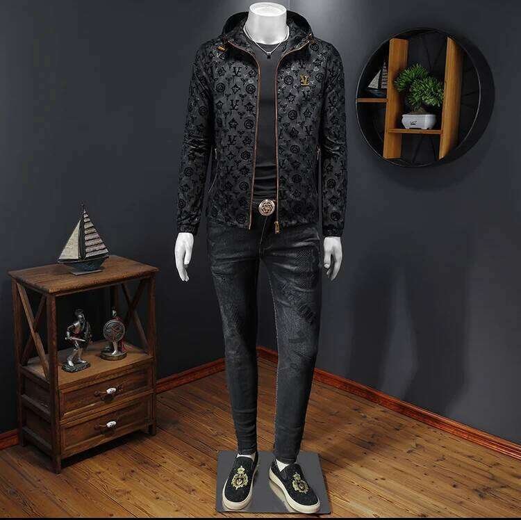 Spring New Dark Designer Fashion Flower Jacket Large Size Hooded Casual Coat European Station Handsome Top Trendy Men's Clothing