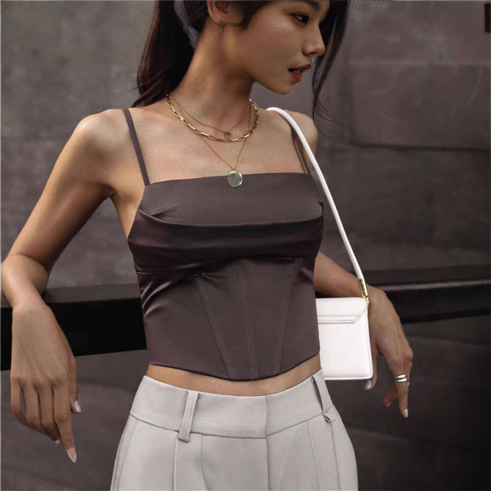 Sexy satin fishbone tube for women, autumn back-tie crop top with exposed midriff and waist cinching, pure desire camisole