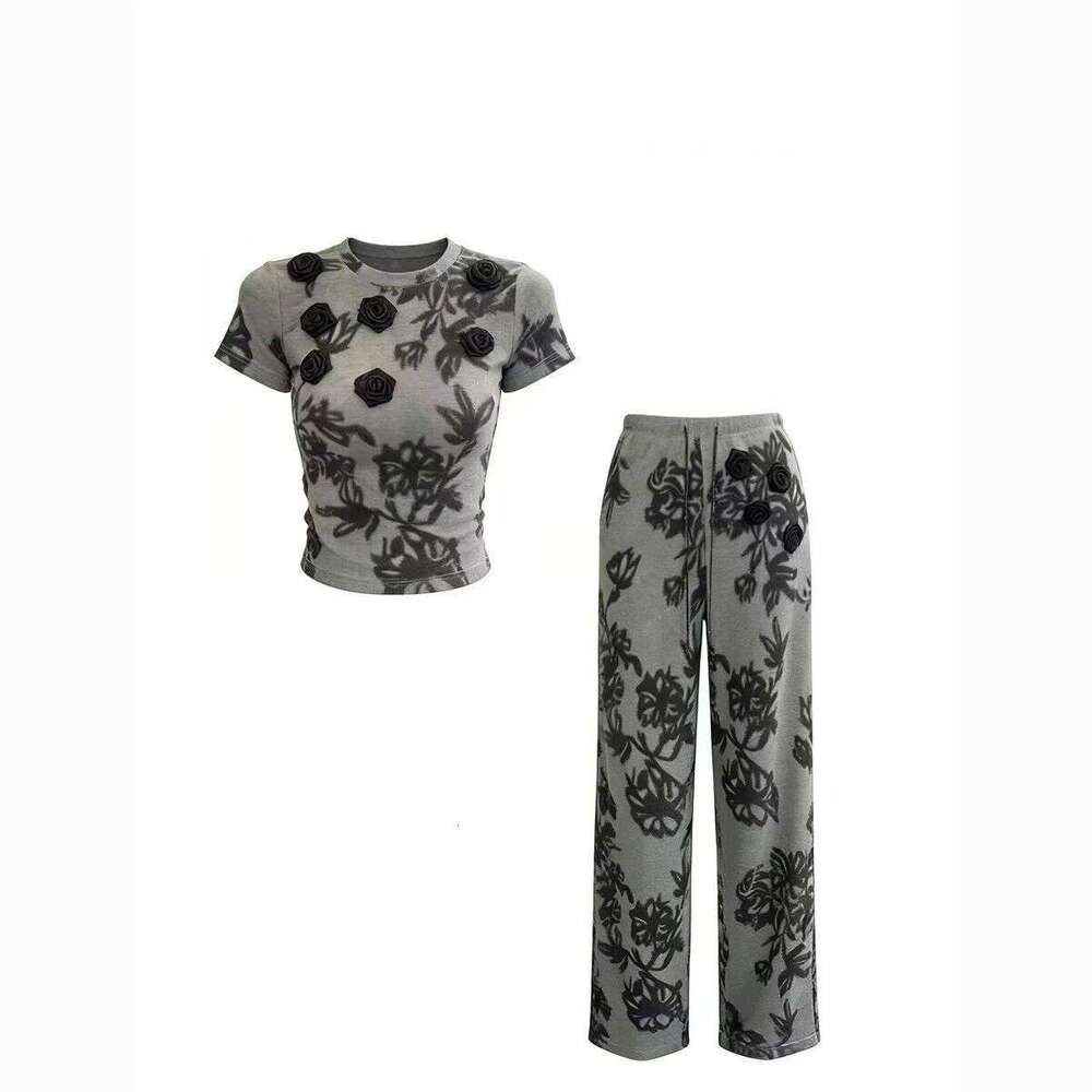 2026 Spring Summer Niche Korean Two Piece Set, 3D Floral Tie Dye Short Sleeve T-Shirt, Casual Wide Leg Pants Fashion Daily Streetwear Outfit MAKOUFEI