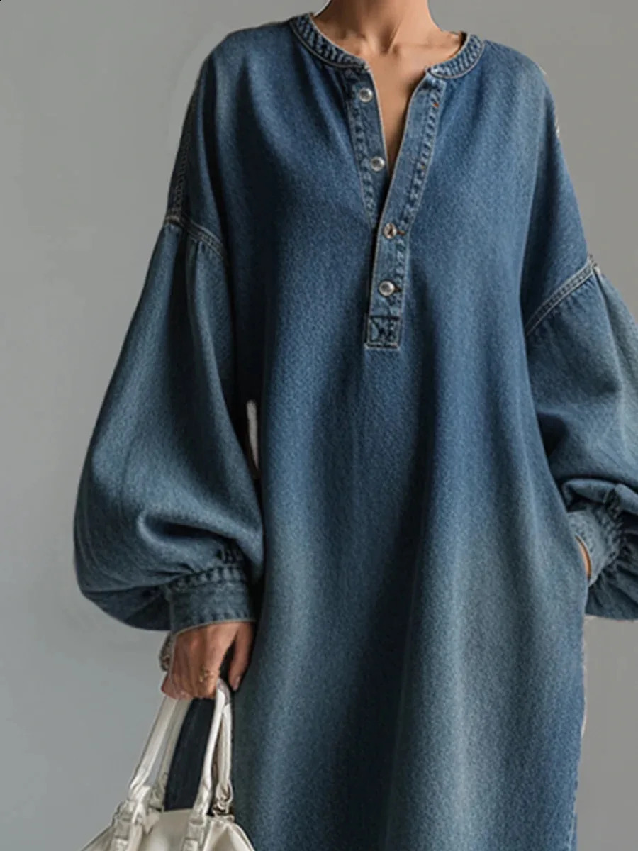 Chic Casual Vintage Denim Dress Loose Long Sleeve Big Pockets Single-breasted V Neck Robes Lantern Sleeve Maxi Dress Vestidos 260424