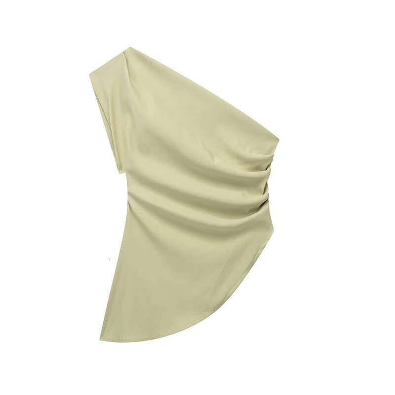 Summer New Women's Fashion European and American Style Asymmetrical Pleated One-Shoulder Solid Color Tank Top