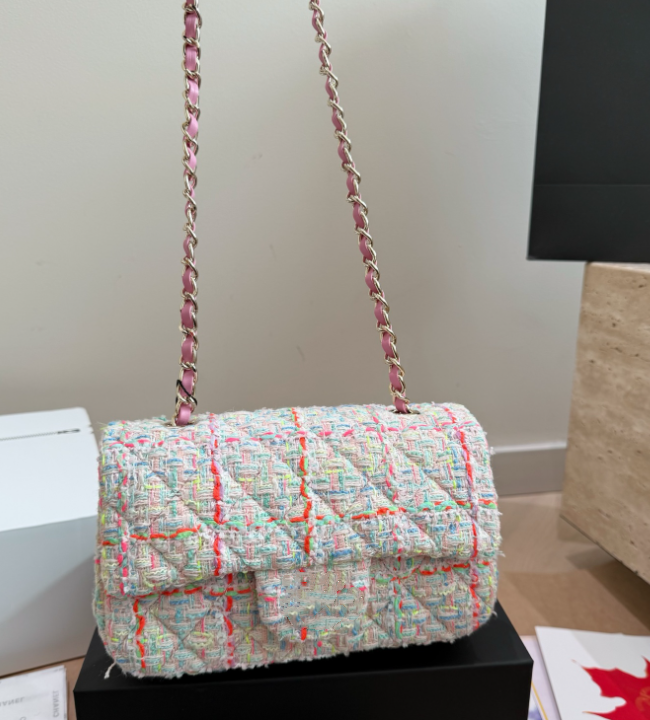 Designer - Womens Classic Double Flap Tweed Quilted Bags Gold Metal Hardware Chain Crossbody Shoulder Pochette Handbag 20cm