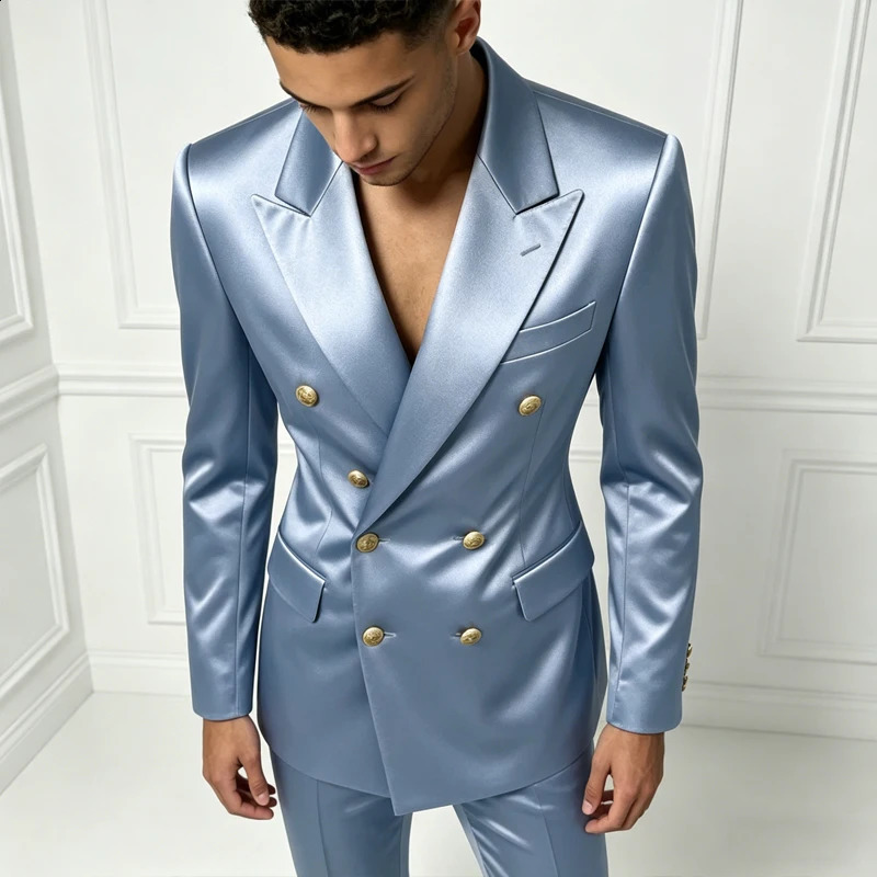 Mens Satin Suit Set 2 Piece Notch Lapel Double Breasted Gold Button Blazer Flare Pants Formal Wedding Prom Party Groom Outfit 260424 - view 5