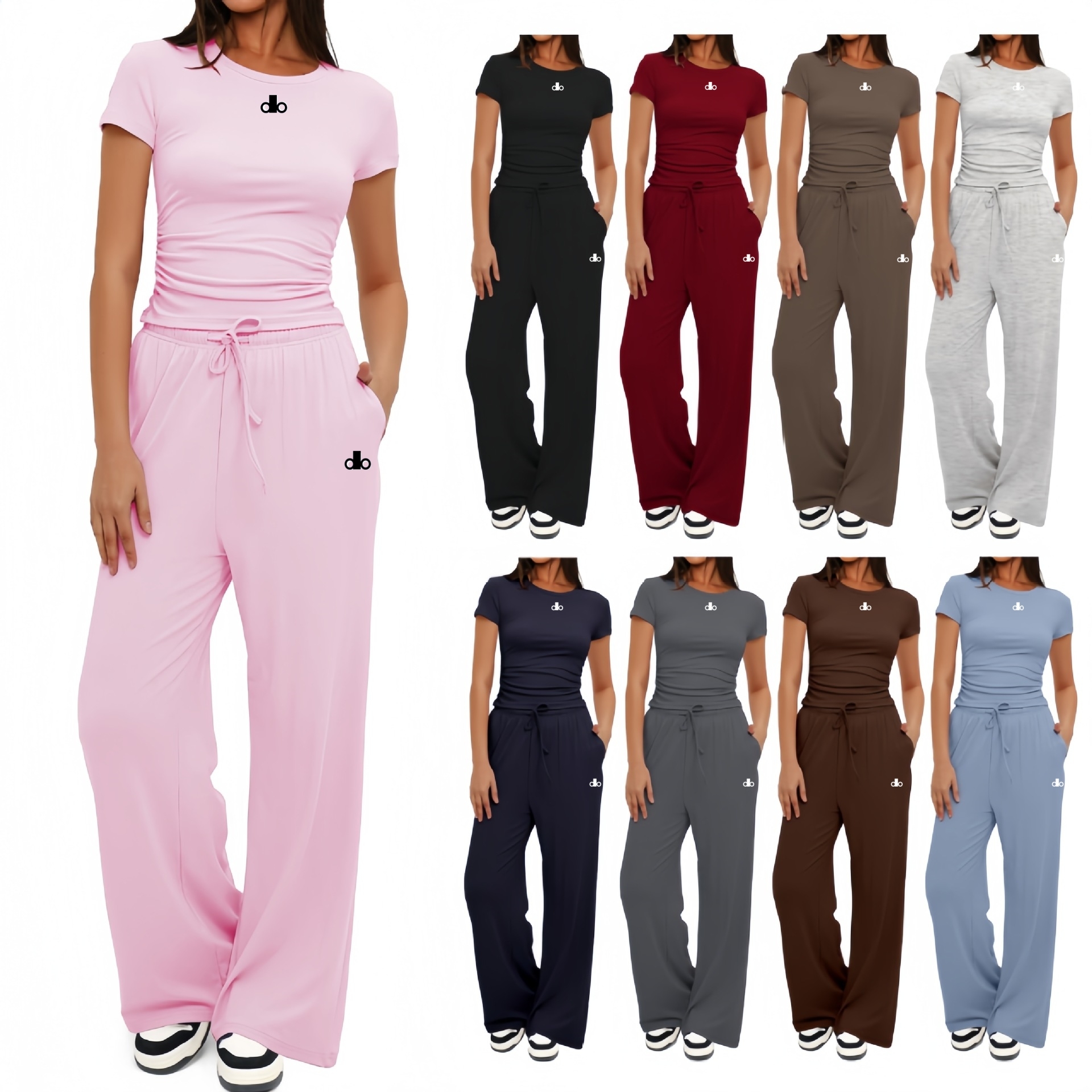 New Fashion Designer Women's Activewear T-shirts and Pants Sports Casual Yoga Active Sets Short Sleeve Sweatpants Suit Tops Wide Leg Pants Gym Clothes Tracksuits