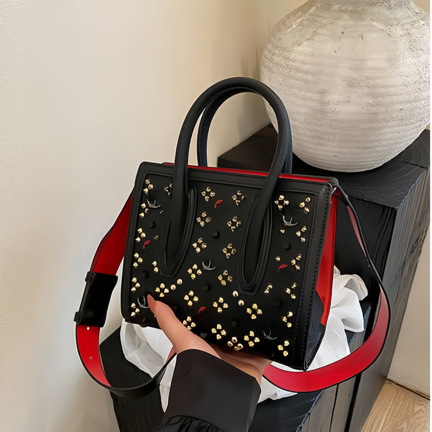 Designer Rivet Cutout Tote Bag for Women Large Capacity Crossbody Shoulder Shopper Bag with Red Trim Casual Daily Evening Use