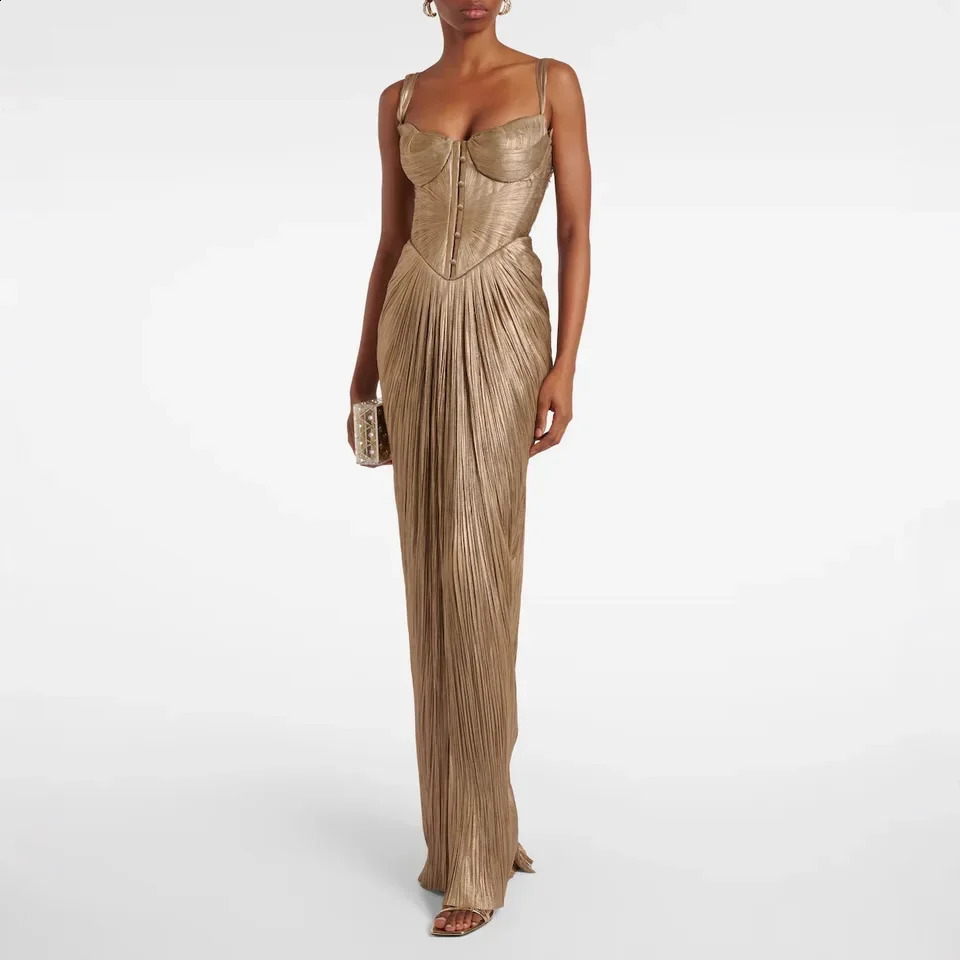 Women Pleated Gold Foil Tie Dress Casual Party Slit Evening Gown Long Elegant Temperament Formal Dress 260424