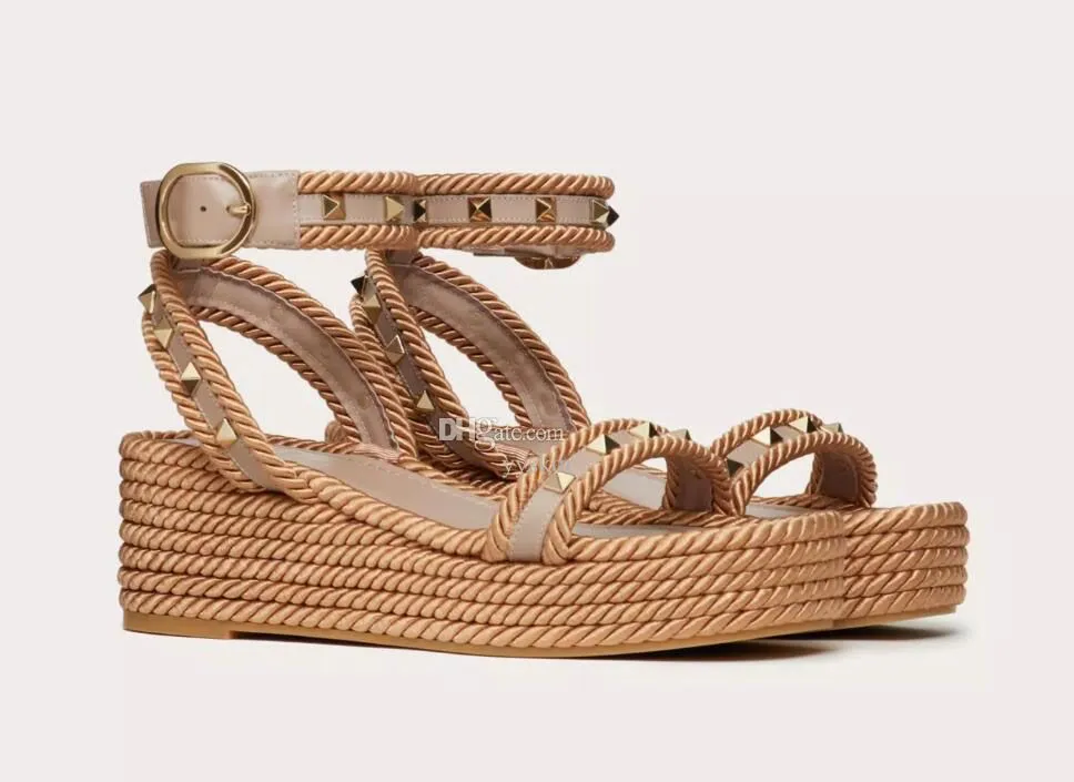 Designer Summer Luxury Women Studs Platform Wedge Sandals Shoes Grainy Calfskin Leather Rope Rubber Sole Rivets Lady Comfort Walking EU35-43
