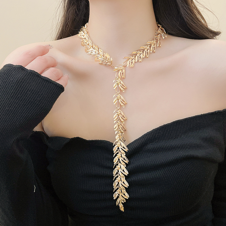 European American cross-border three-dimensional creative wheat ear Y-shaped necklace for women, unique and stylish long leaf tassel commuter accessor - view 5