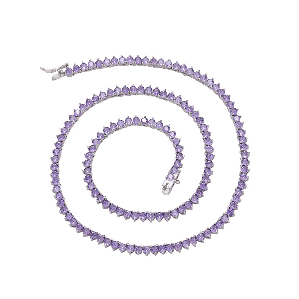 3mm three-prong purple tennis chain womens personalized necklace ins hip-hop silver purple zirconia choker jewelry