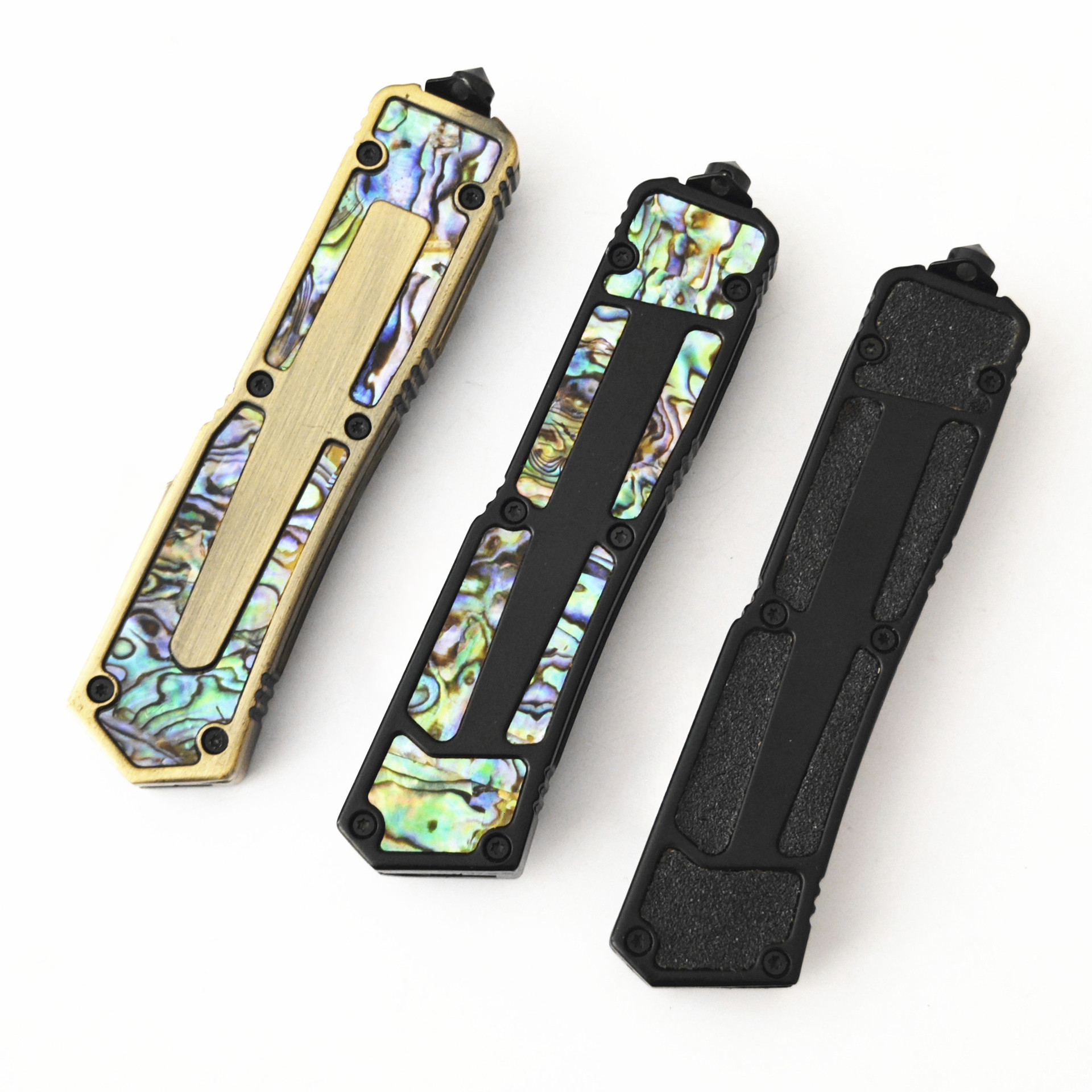 Abalone Shell Gold Color DE Blade CNC Zinc Handle Outdoor Camping Fishing OTF EDC Tools