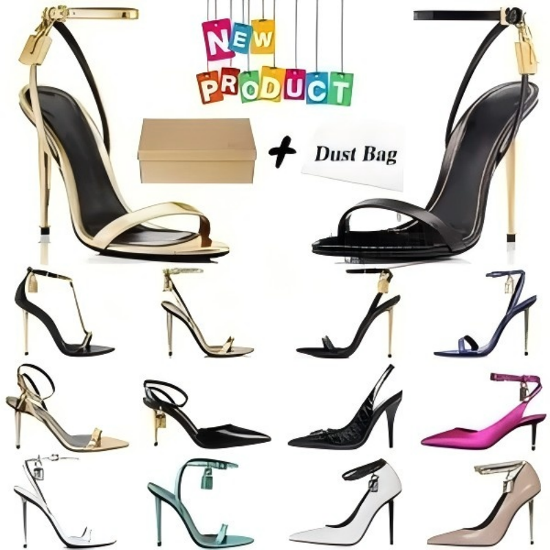 Girl sandal designer pointy toe padlock Lock 105mm gold heels Bicolor Ankle-Strap Sandals naked leather pop heel sandals 35-44EU