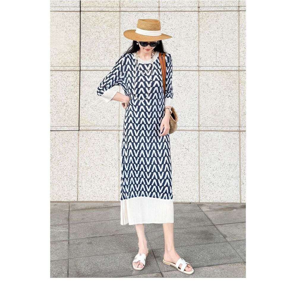 Summer New Miyake Pleated Long Dress, Plus Size Women Printed Pattern Slimming Dress, Elegant Fashion Casual High End Daily Party Elegant Lady Maxi Dr