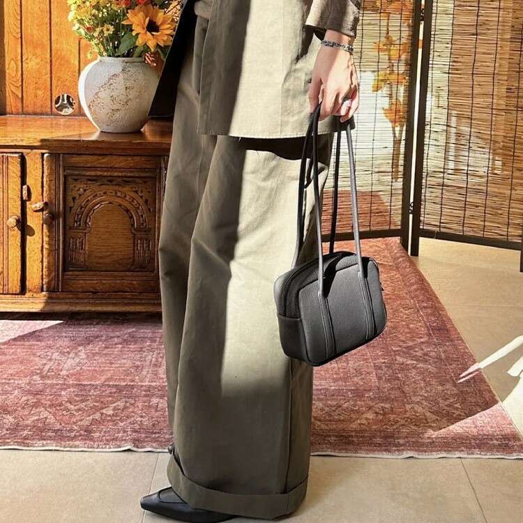 Luxury Top Layer Cowhide Handbag, Japanese Korean Boston Cylindrical Bag, Bowling Style Short Handle Square Single Shoulder Purse SENYY