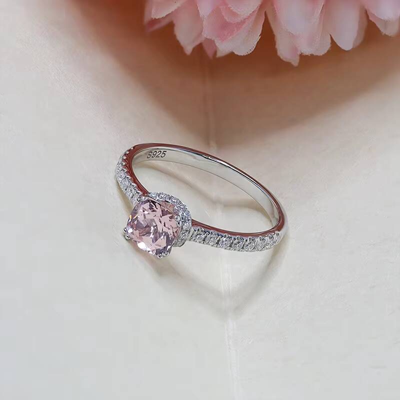 Morgan Pink Color 6x6mm Cushion Cut Lab Grown Sapphire Silver925 Ring with Moissanite Diamond