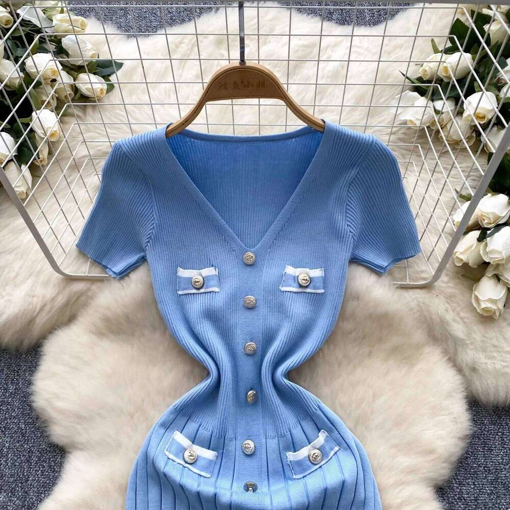 2026 New YuooMuoo Chic Knitted Dress, V Neck Short Sleeve Pleated Bodycon Dress, Sexy Wrap Hips Office Lady Daily Party Dress MAKOUFEI