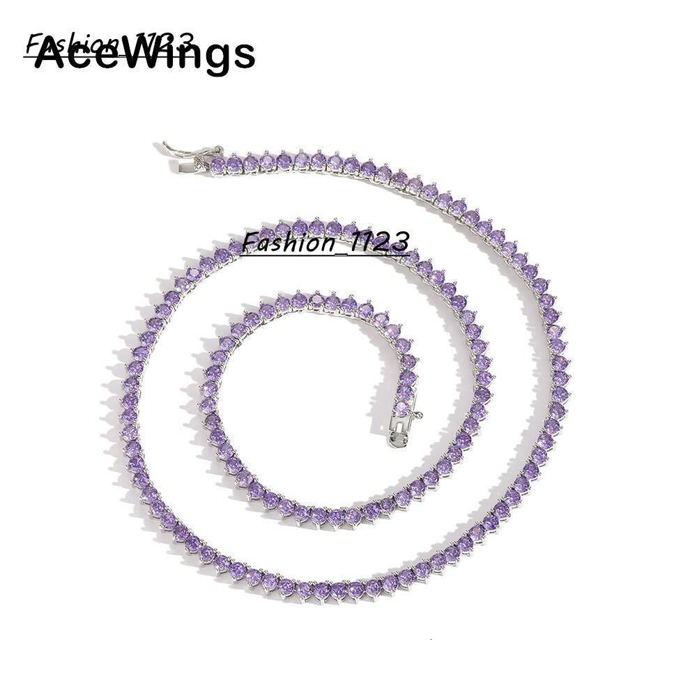 3mm three-prong purple tennis chain womens personalized necklace ins hip-hop silver purple zirconia choker jewelry
