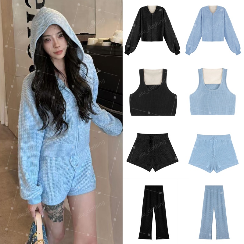Designer Aloismnessly Waffle Knit Zip Hooded Cardigan Set Pants Shorts Women Casual Outfit Waffle Knit Vest Loose Wide Leg Pants Yoga Jacket Set