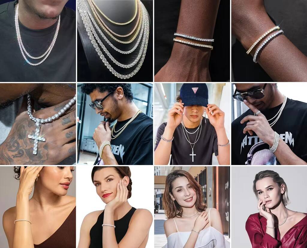 Custom Iced Out White Gold Color 925 Sterling Sliver Mossinate Vvs Tennis Link Chain Mens Necklace Montre Femme Bracelet