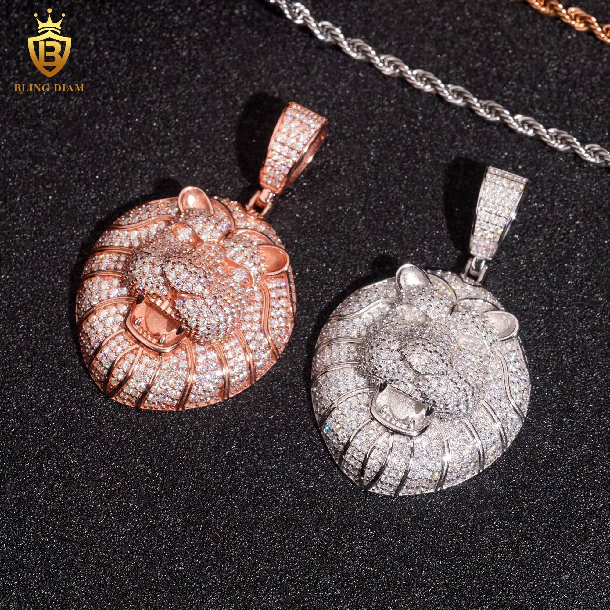 Iced Out Lion Round Pendant Fashion Pendants Charms 925 Sterling Silver Round Brilliant Moissanite GRA Certified Necklaces