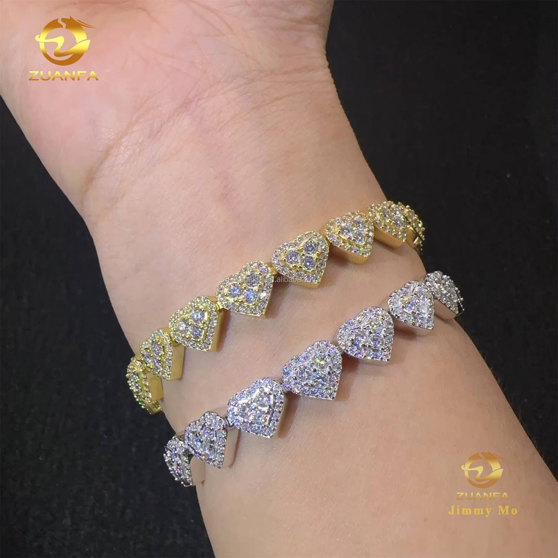 Bulk Stock Elegant Style Female Gift 8mm 925 Solid Silver Iced Out Hip Hop Jewelry FL Moissanite Diamond Heart Shape Bracelet