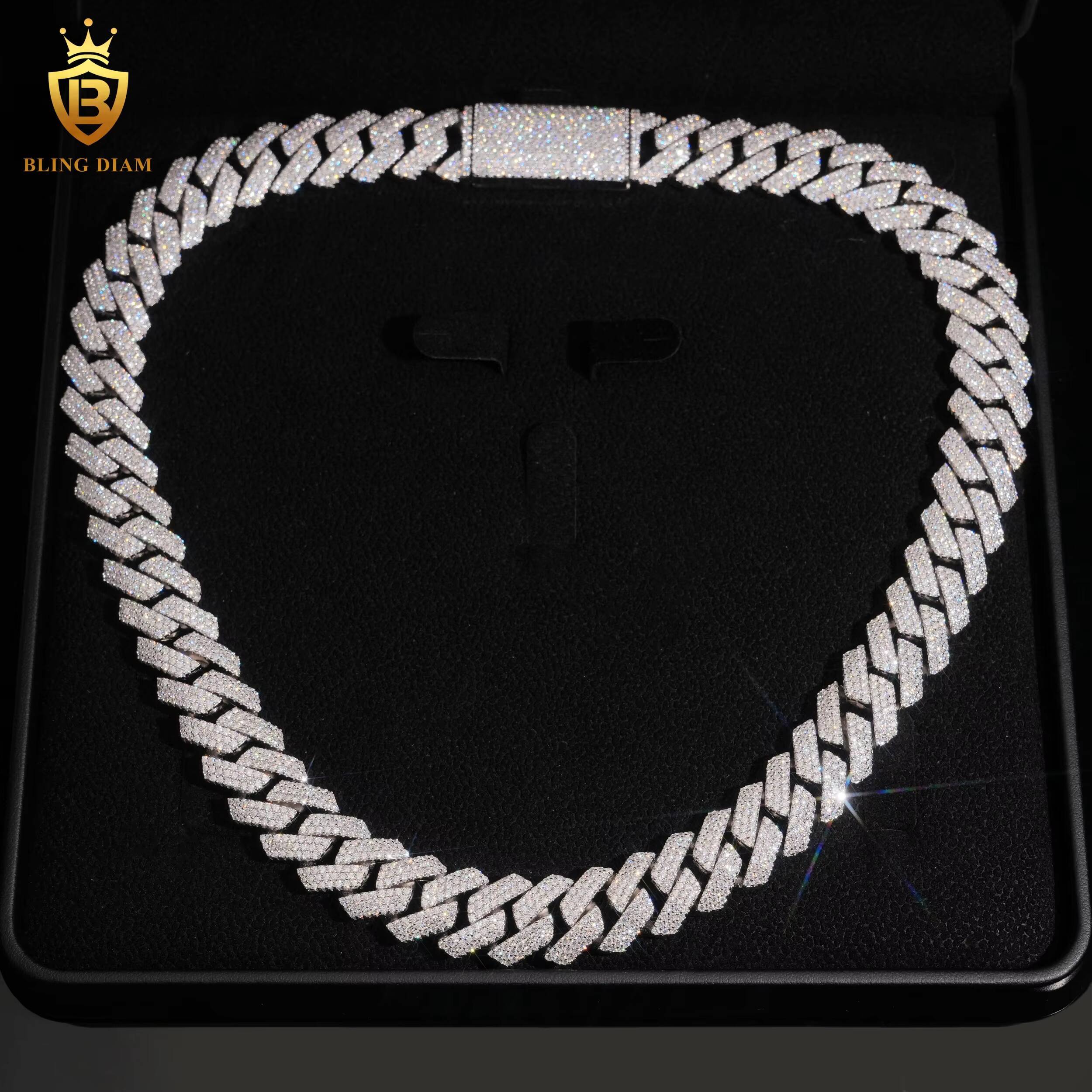 Hot Selling Miami 15MM 925 Sterling Silver Chain Cuban 3 Rows Moissanite Cuban Link Fashion Chains Necklaces Pass Diamond Test