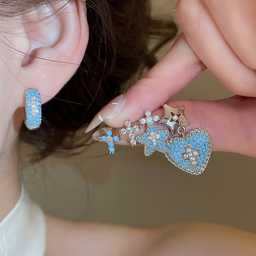New fashion earrings with a high-end, minimalist feel, super shiny ear clasps in turquoise blue, French vintage cross design, versatile for women - view 3