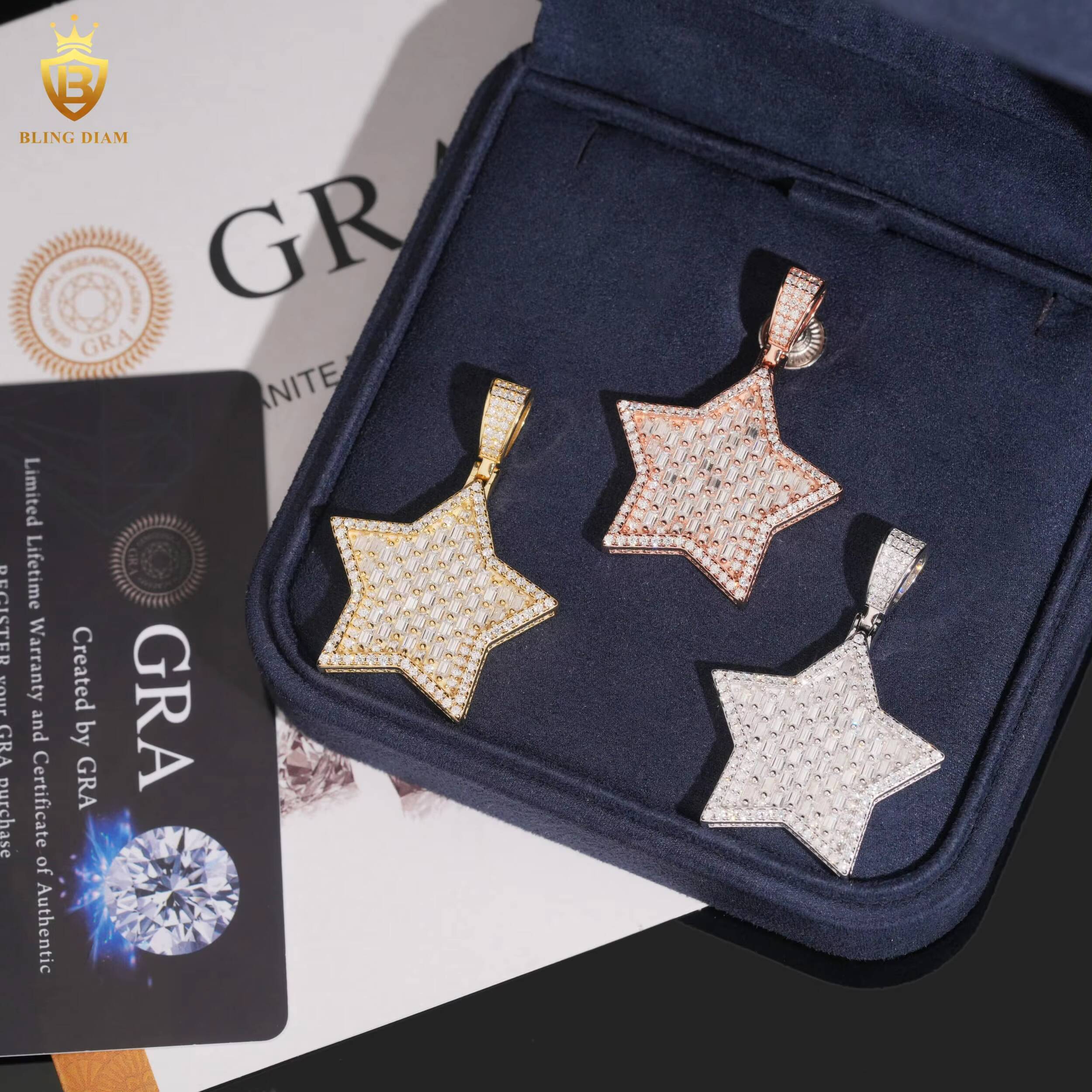 Custom Pendant Charms 925 Silver Star D VVS Baguette Cut Moissanite Pendant Pass Diamond Tester Moissanite Pendant Hip Hop