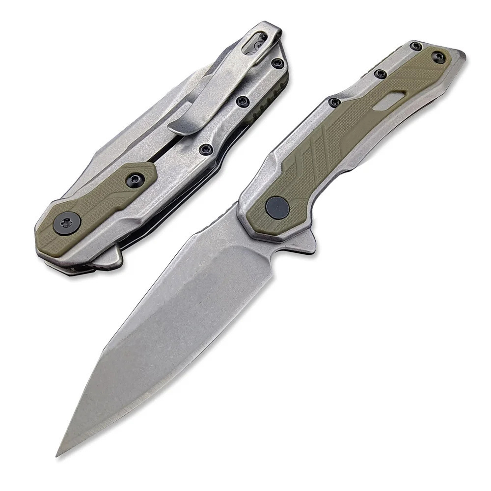 KS 1369 Folding Pocket Knife Assisted Flipper 2.95 Inch 8Cr13Mov Stonewashed Clip Point Blade G10 Handle for Camping EDC