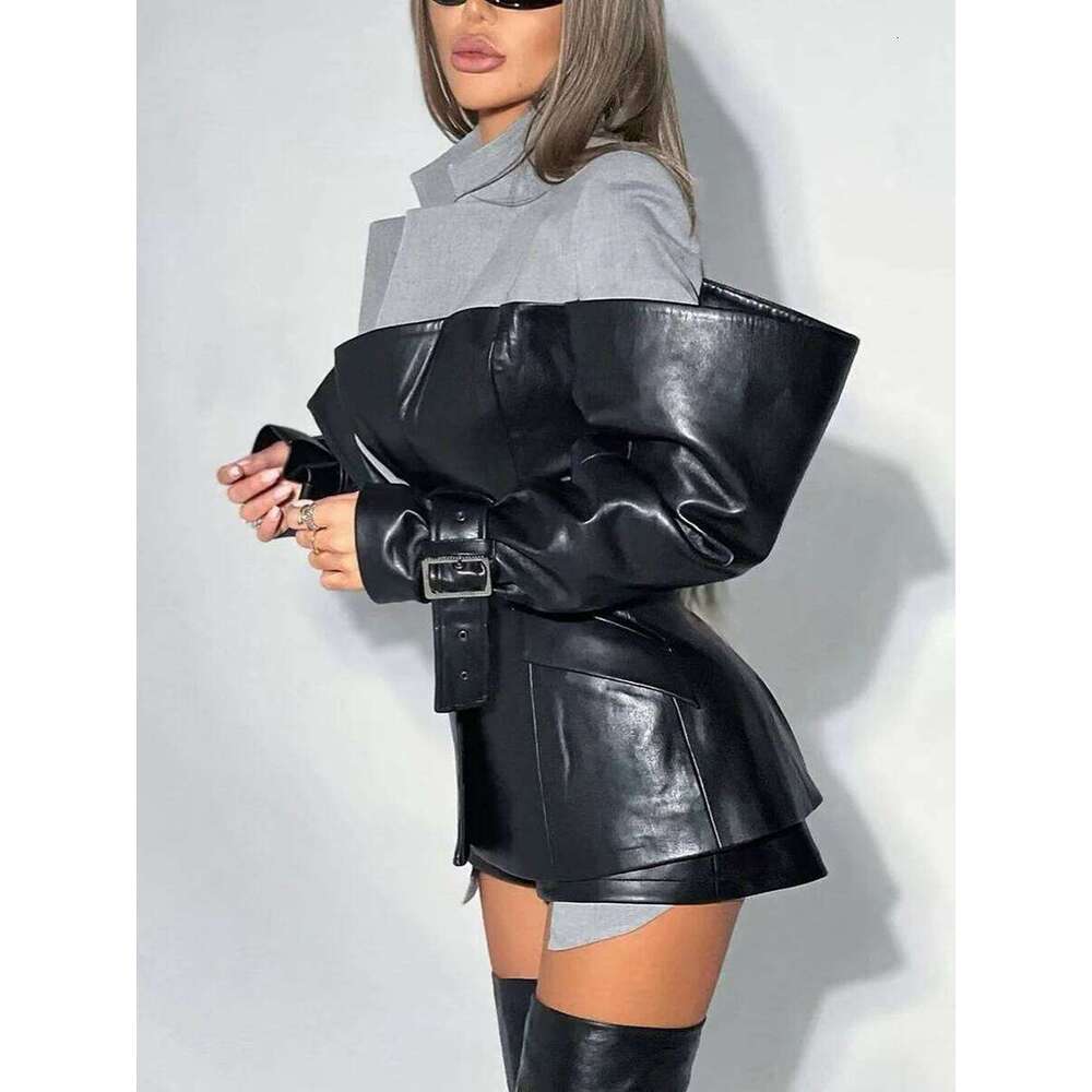 TWOTWINSTYLE Hit Color Slimming Fashion Jackets for Women Lapel Long Sleeves Tunic Patchwork Leather Streetwear Jacket Female MAKOUFEI