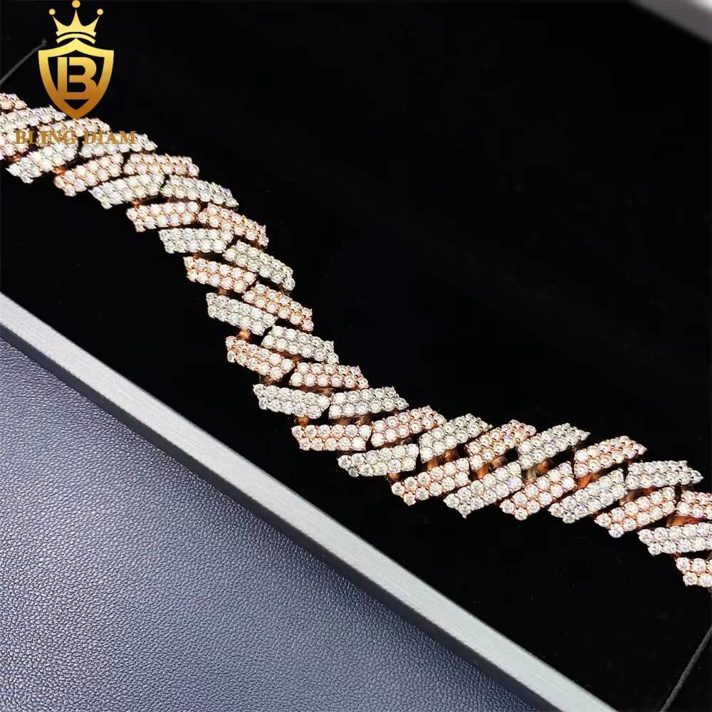 15mm Two Tone Iced Out Hip Hop Jewelry Cuban Link Chain 925 Sterling Silver VVS Moissanite Bracelet Necklace
