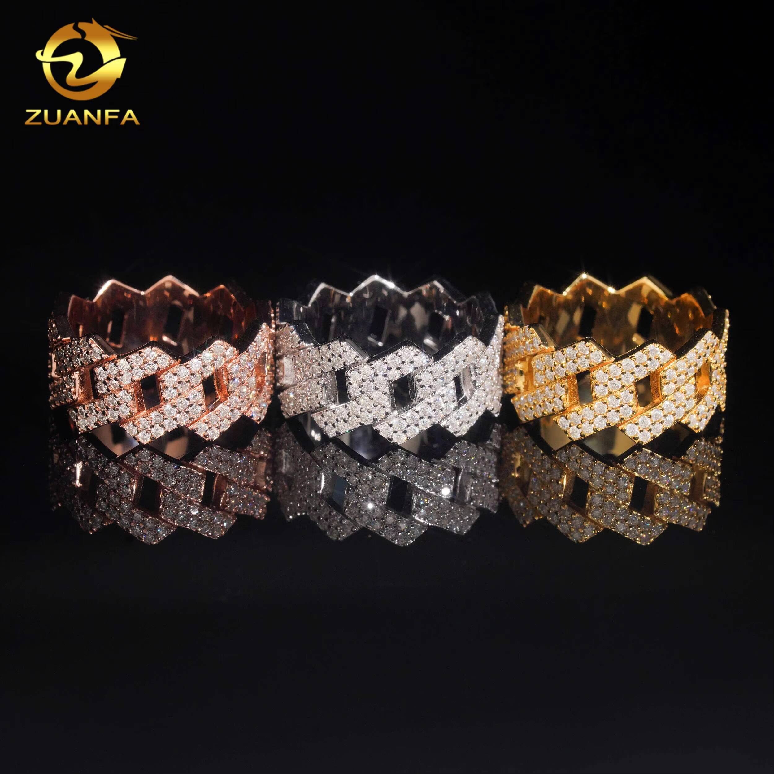 Hot Sale Two Row Hip Hop Rapper VVS Mokssanite Ring 925 Silver Fine Jewelry Full Diamond Iced Out Jewelry Cuban Ring for Men