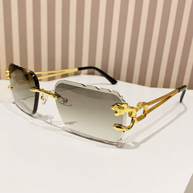 Designer Frameless leopard head sunglasses, metal sun glasses with irregular hollowed-out temples, women's high-end natural look sunshade glasses