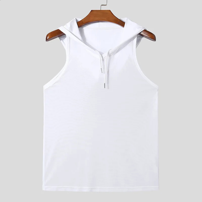 Chic Men Hooded Sports Tank Tops Sexy Solid Color Transparent Sleeveless T-shirt Summer Casual Drawstring Fitness Vest S-2XL260424
