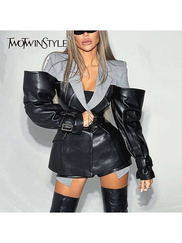 TWOTWINSTYLE Hit Color Slimming Fashion Jackets for Women Lapel Long Sleeves Tunic Patchwork Leather Streetwear Jacket Female MAKOUFEI