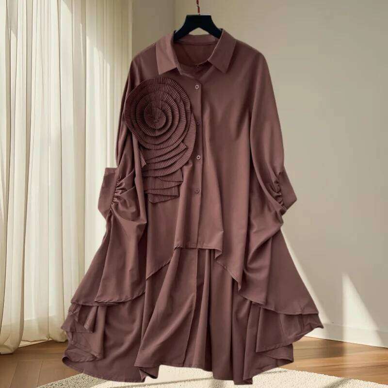 New European Clothes Loose Blouse Chic Turndown Collar Irregular Three dimensional flowers Women Batwing Sleeve Tops MAKOUFEI