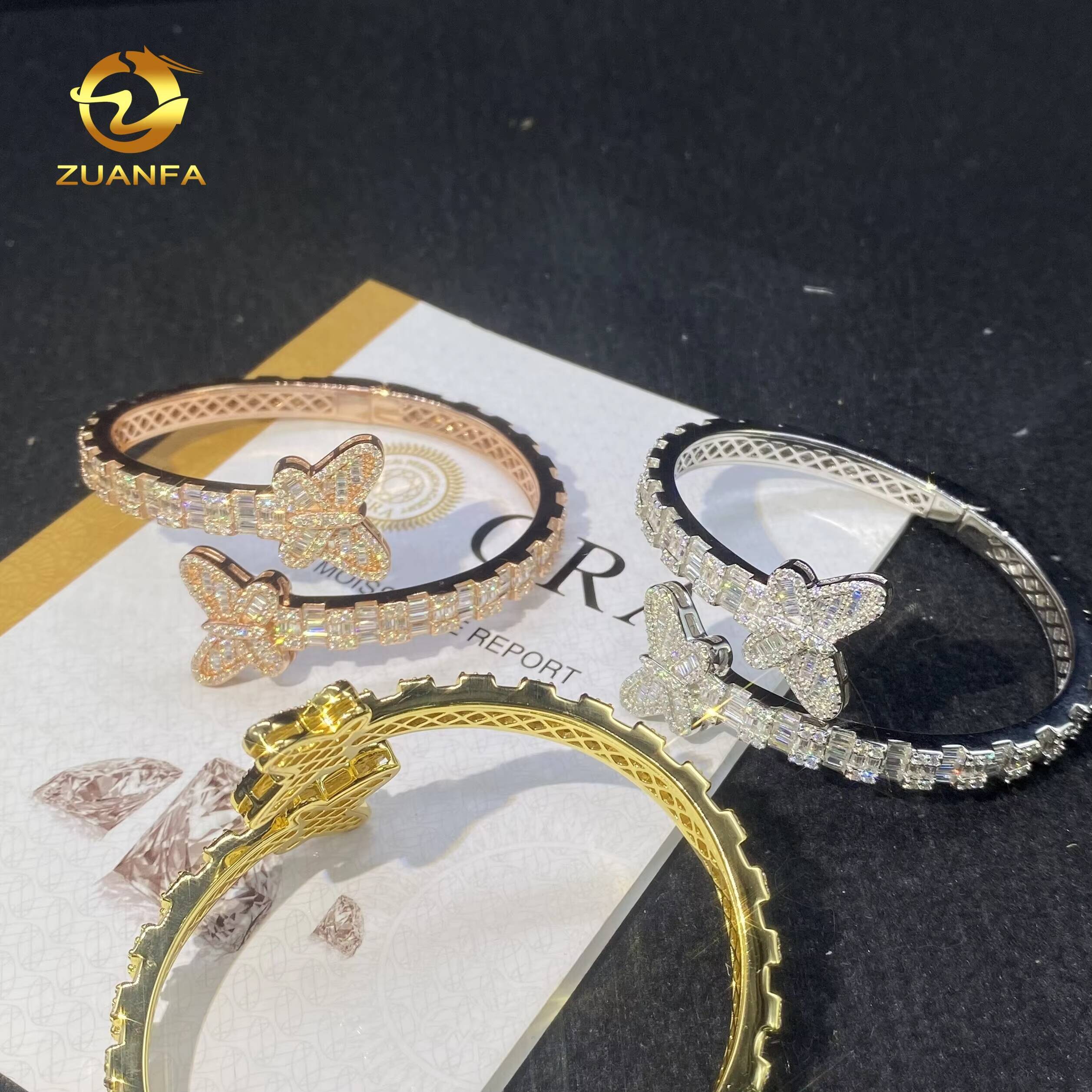 Hot Sale 925 Silver Baguette Diamond Moissanite Butterfly Bangle Bracelet Fashion Hip Hop Men VVS Moissanite Bracelets