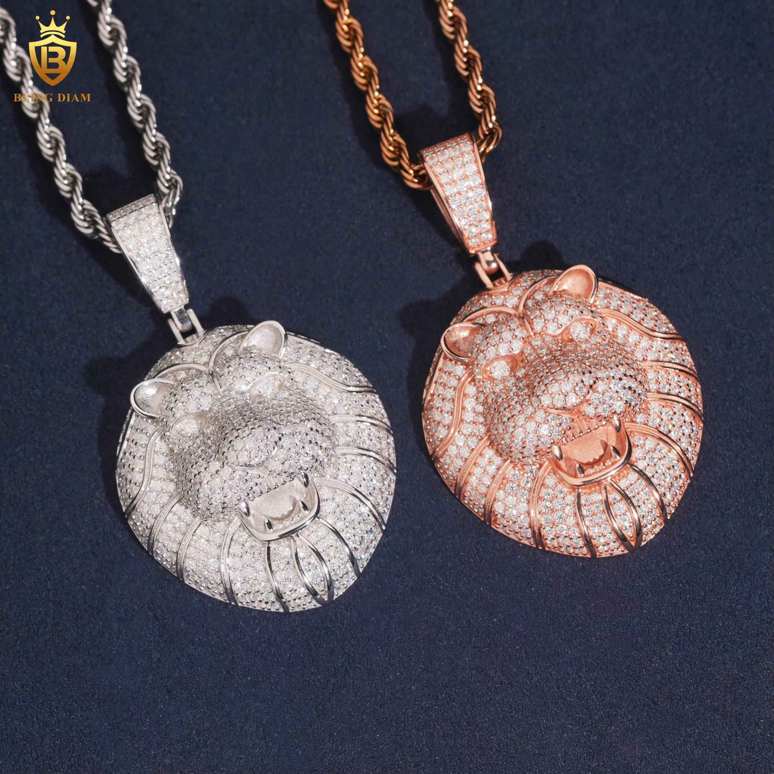 Charm Lion Head Face Animal Circle Pendant Necklace Mens Moissanite-Diamond 925 Sterling Silver Gold Custom Hip Hop Jewelry