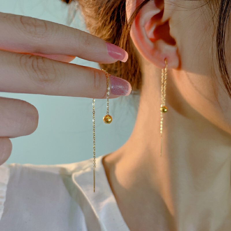 Designer Gold Bead Doudou Thread Titanium Steel Tassel Earrings New Trendy 18k Gold Elegant Earrings for Women Long Style High-end Sense Stud Earrings