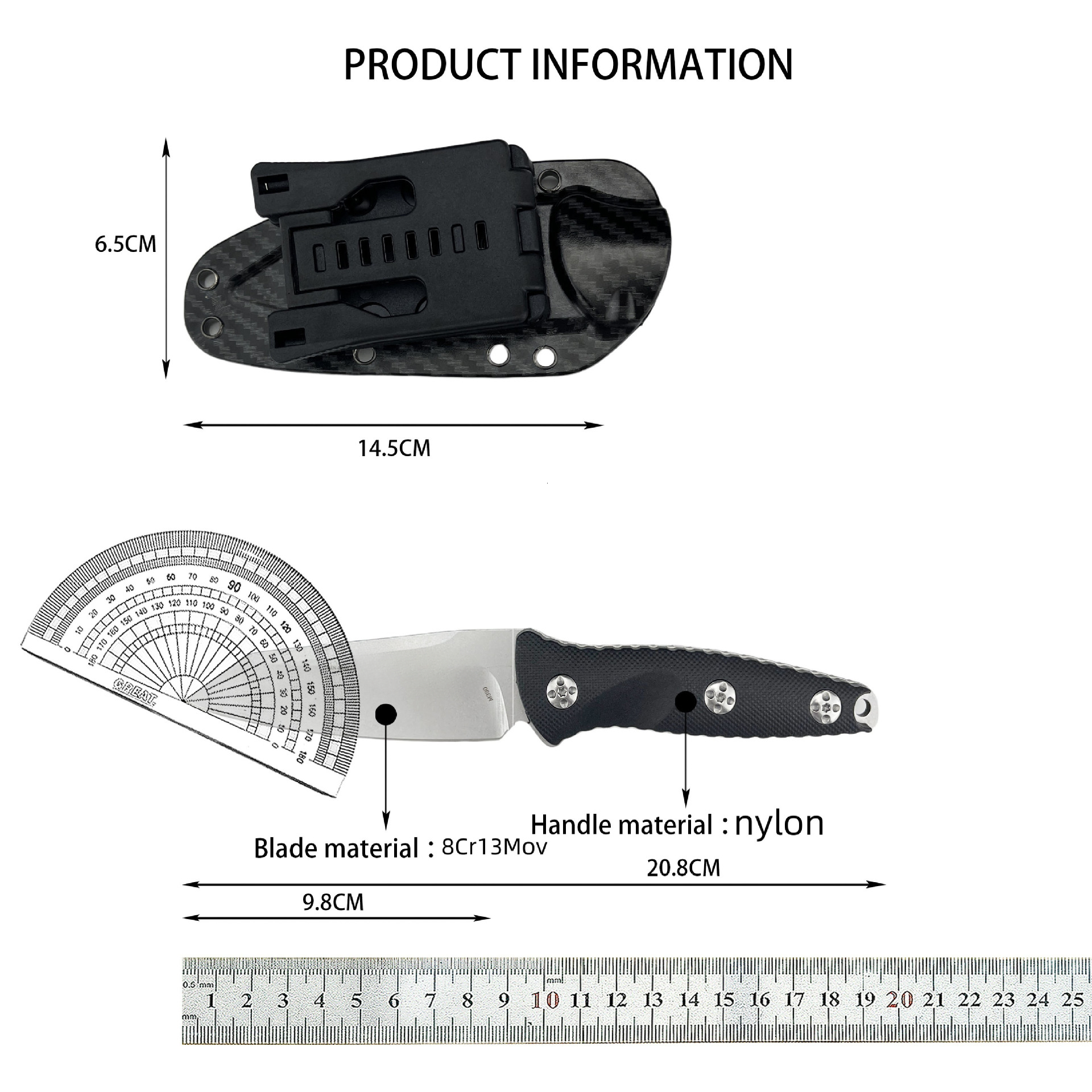 93M high-hardness outdoor straight knife, convenient for hiking, camping, fruit cutting, fishing, and meat cutting