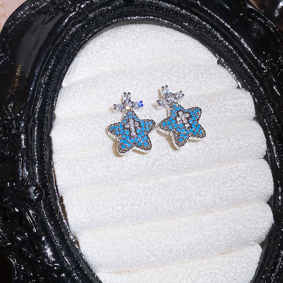 New fashion earrings with a high-end, minimalist feel, super shiny ear clasps in turquoise blue, French vintage cross design, versatile for women - view 9